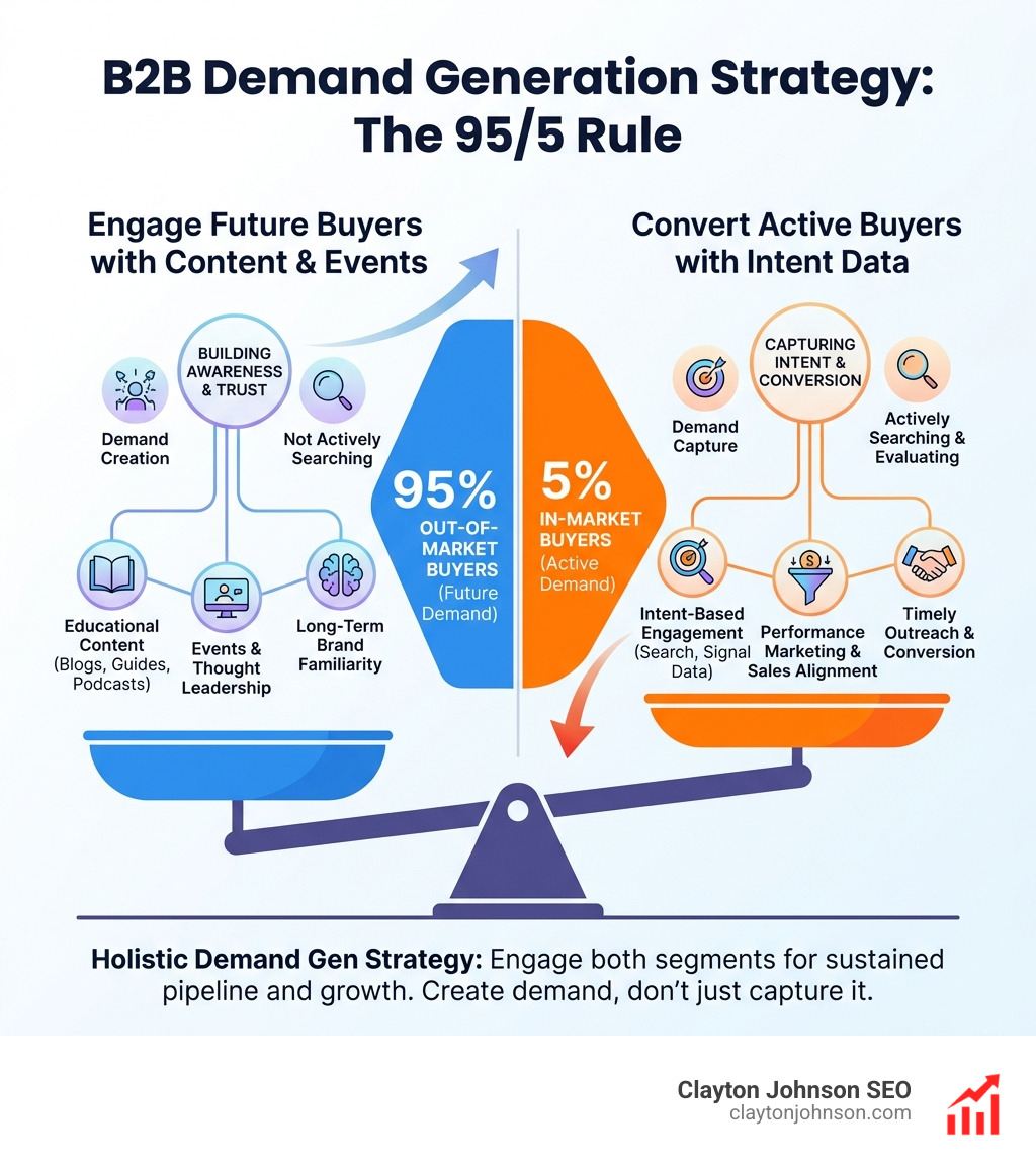 detailed infographic showing the 95/5 rule in B2B demand generation, illustrating how 95% of buyers are out-of-market while only 5% are actively searching, with strategies for engaging both segments through content, events, and intent data - demand gen strategy infographic 