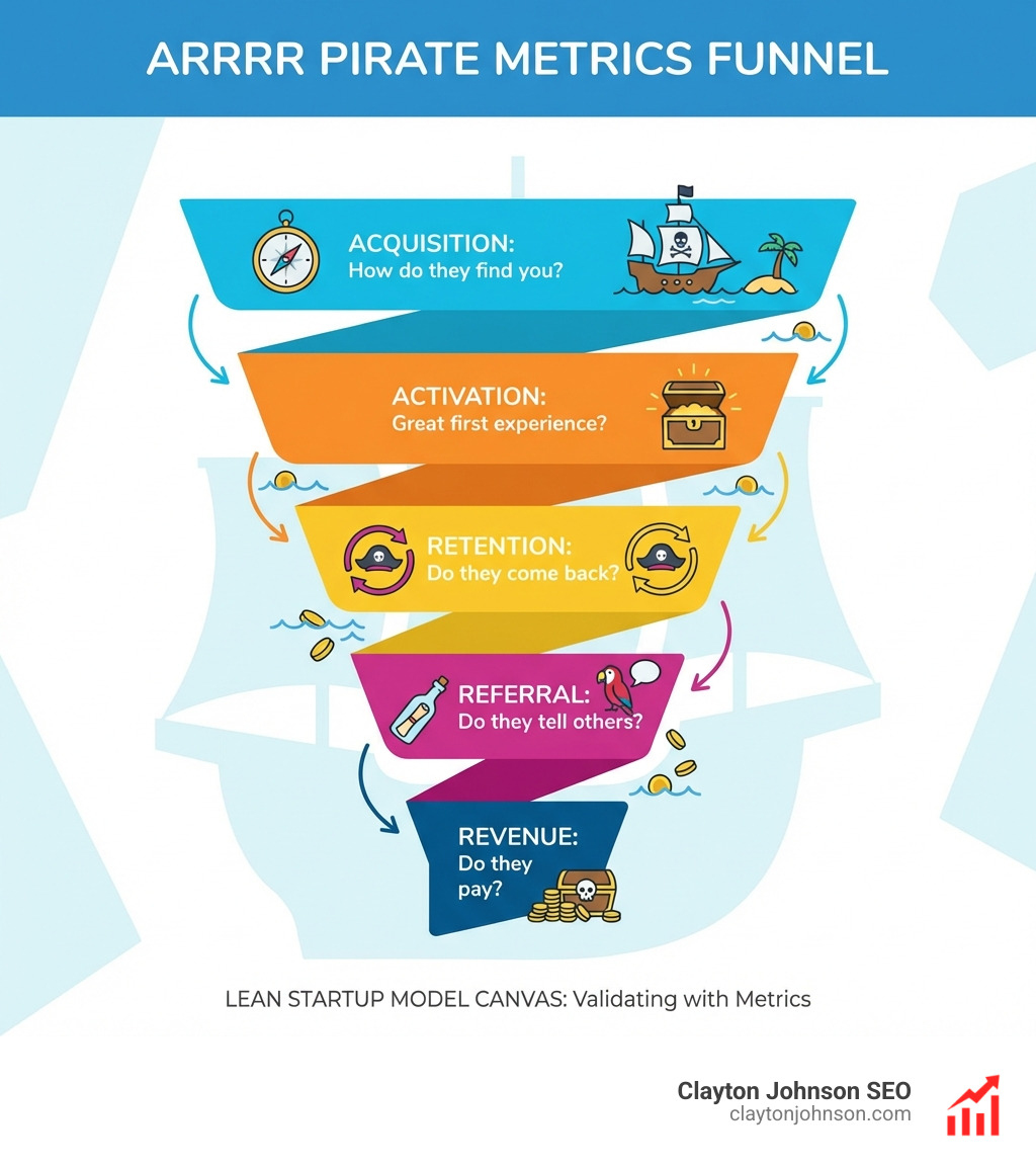 Infographic of the ARRRR Pirate Metrics funnel: Acquisition, Activation, Retention, Referral, Revenue - Lean startup model canvas infographic 