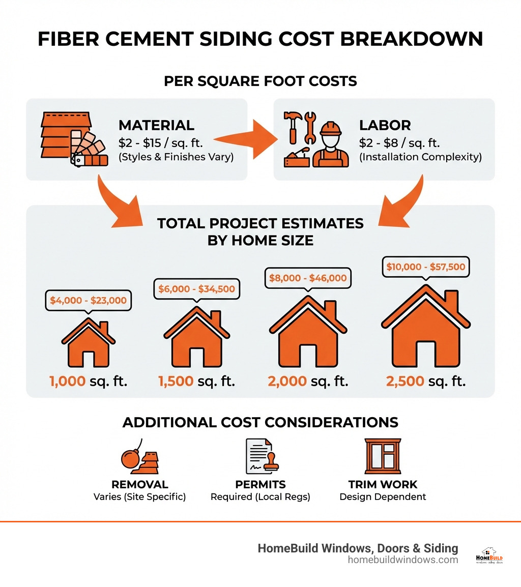 infographic showing fiber cement siding cost breakdown by home size, including material costs ranging from $2-15 per square foot, labor costs of $2-8 per square foot, and total project estimates for 1,000, 1,500, 2,000, and 2,500 square foot homes, with additional costs for removal, permits, and trim work - fiber cement siding cost infographic 