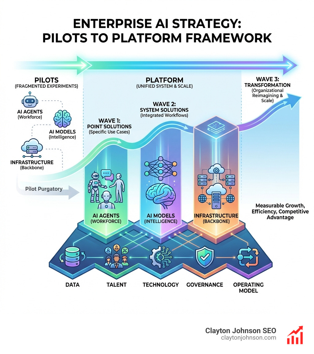 Enterprise AI Strategy framework showing the shift from pilots to platform, with three pillars (AI agents, models, infrastructure), five strategic enablers (data, talent, technology, governance, operating model), and three-wave adoption model (point solutions, system solutions, transformation) - Enterprise AI Strategy infographic 