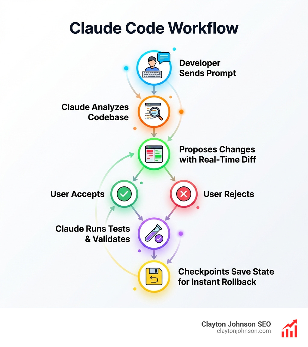Infographic showing Claude Code workflow: developer sends prompt → Claude analyzes codebase → proposes changes with real-time diff → user accepts or rejects → Claude runs tests and validates → checkpoints save state for instant rollback - Coding extensions Claude infographic 