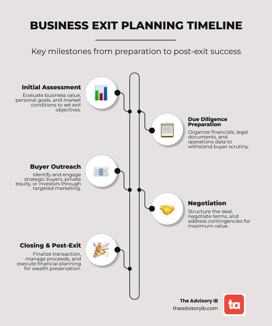 infographic showing business exit planning timeline from initial assessment through due diligence preparation, buyer outreach, negotiation, closing, and post-exit planning with key milestones at each stage - exit services for entrepreneurs infographic infographic-line-5-steps-elegant_beige