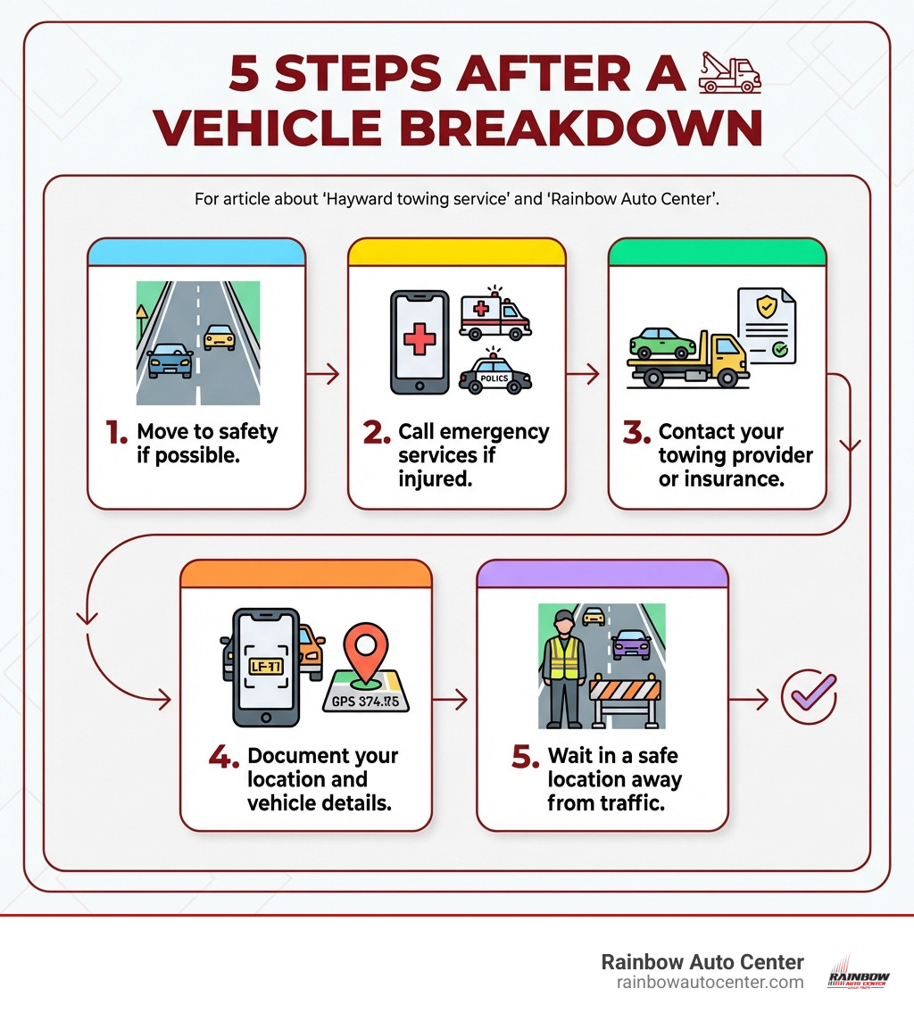 Infographic showing 5 steps after a vehicle breakdown: 1. Move to safety if possible, 2. Call emergency services if injured, 3. Contact your towing provider or insurance, 4. Document your location and vehicle details, 5. Wait in a safe location away from traffic - Hayward towing service infographic 
