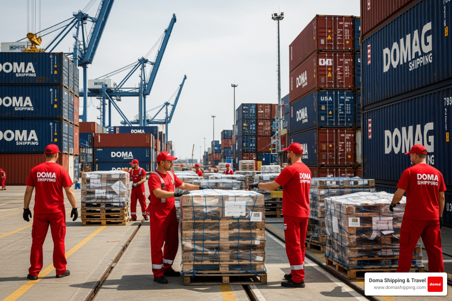 A busy logistics hub in Poland showing workers in red uniforms processing containers and pallets arriving from the USA - shipping goods to Europe A busy logistics hub in Poland showing workers in red uniforms processing containers and pallets arriving from the USA - shipping goods to Europe