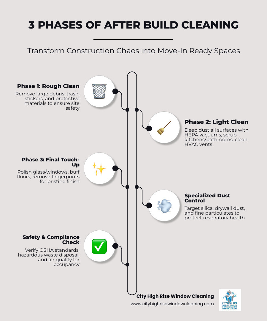 infographic showing three phases of after build cleaning: rough clean with debris removal and safety gear, light clean with HEPA vacuums and surface scrubbing, and final touch-up with glass polishing and client walkthrough checklist - after build cleaning infographic infographic-line-5-steps-elegant_beige infographic showing three phases of after build cleaning: rough clean with debris removal and safety gear, light clean with HEPA vacuums and surface scrubbing, and final touch-up with glass polishing and client walkthrough checklist - after build cleaning infographic infographic-line-5-steps-elegant_beige