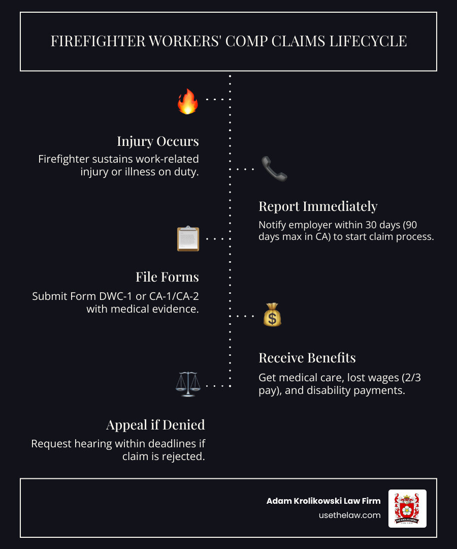Infographic summarizing key firefighter workers compensation benefits and processes, including medical coverage, lost wages, disability, and death benefits - Firefighter workers compensation infographic infographic-line-5-steps-dark Infographic summarizing key firefighter workers compensation benefits and processes, including medical coverage, lost wages, disability, and death benefits - Firefighter workers compensation infographic infographic-line-5-steps-dark