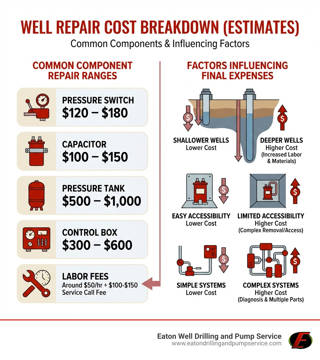 infographic showing breakdown of common well repair costs by component type, including pressure switches, capacitors, pressure tanks, control boxes, and labor fees, with typical cost ranges and factors that influence final expenses such as well depth, accessibility, and system complexity - how much does it cost to repair a well infographic 