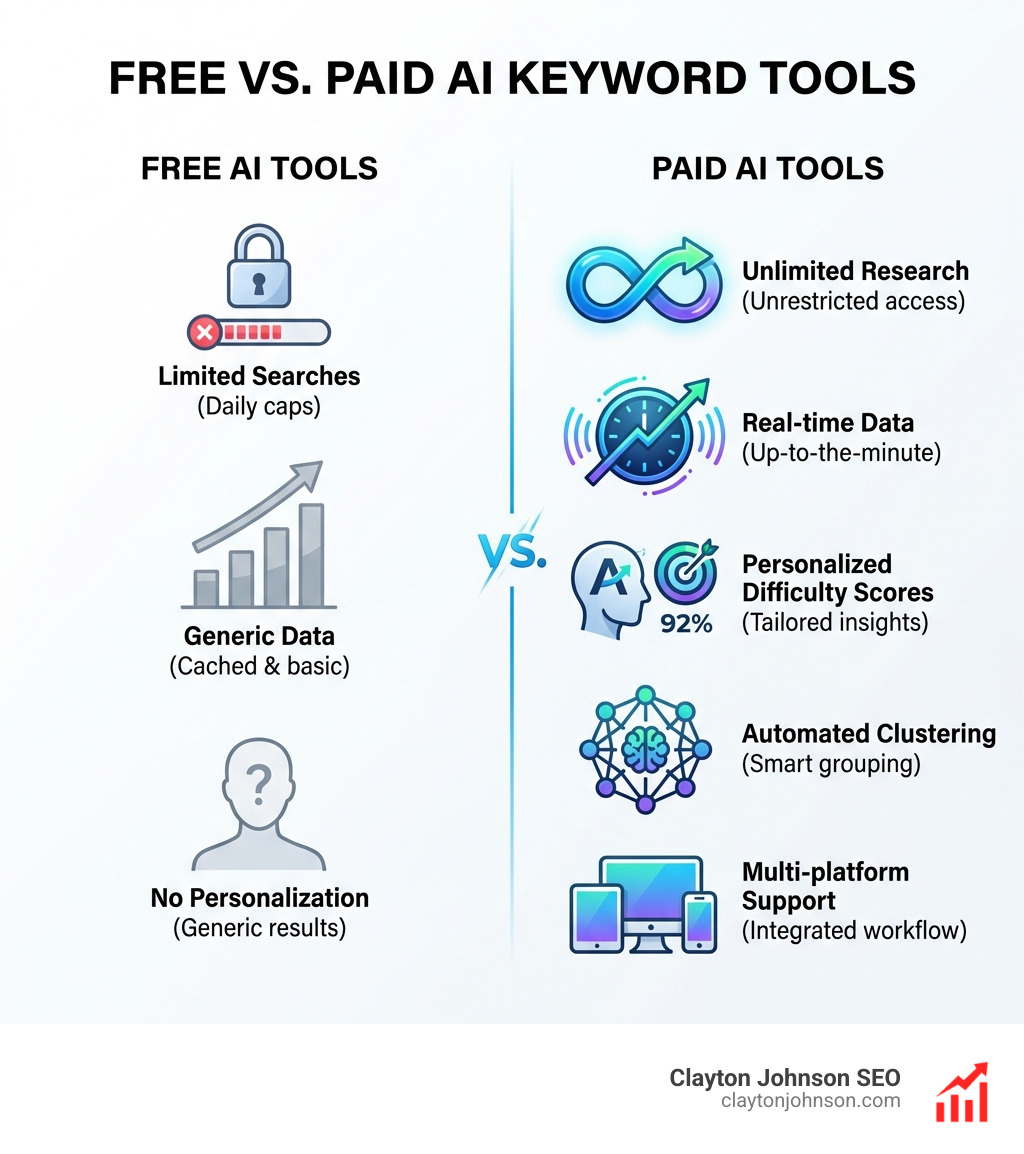Infographic comparing Free vs. Paid AI Keyword Tools: Free tools (limited searches, generic data, no personalization) vs. Paid AI tools (unlimited research, real-time data, personalized difficulty scores, automated clustering, multi-platform support) - AI powered keyword research infographic 