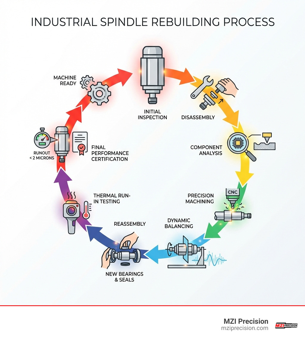 infographic showing the industrial spindle rebuilding process from initial inspection through disassembly, component analysis, precision machining, dynamic balancing, reassembly with new bearings and seals, thermal run-in testing, and final performance certification with runout measurement - industrial spindle rebuilding infographic 