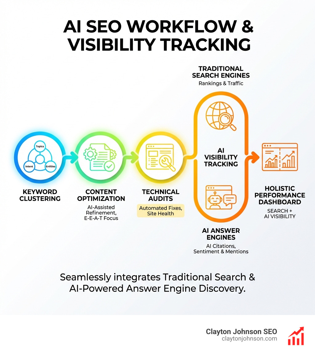 AI SEO workflow showing content optimization, keyword clustering, technical audits, and AI visibility tracking across traditional search and answer engines - AI tools for SEO infographic 