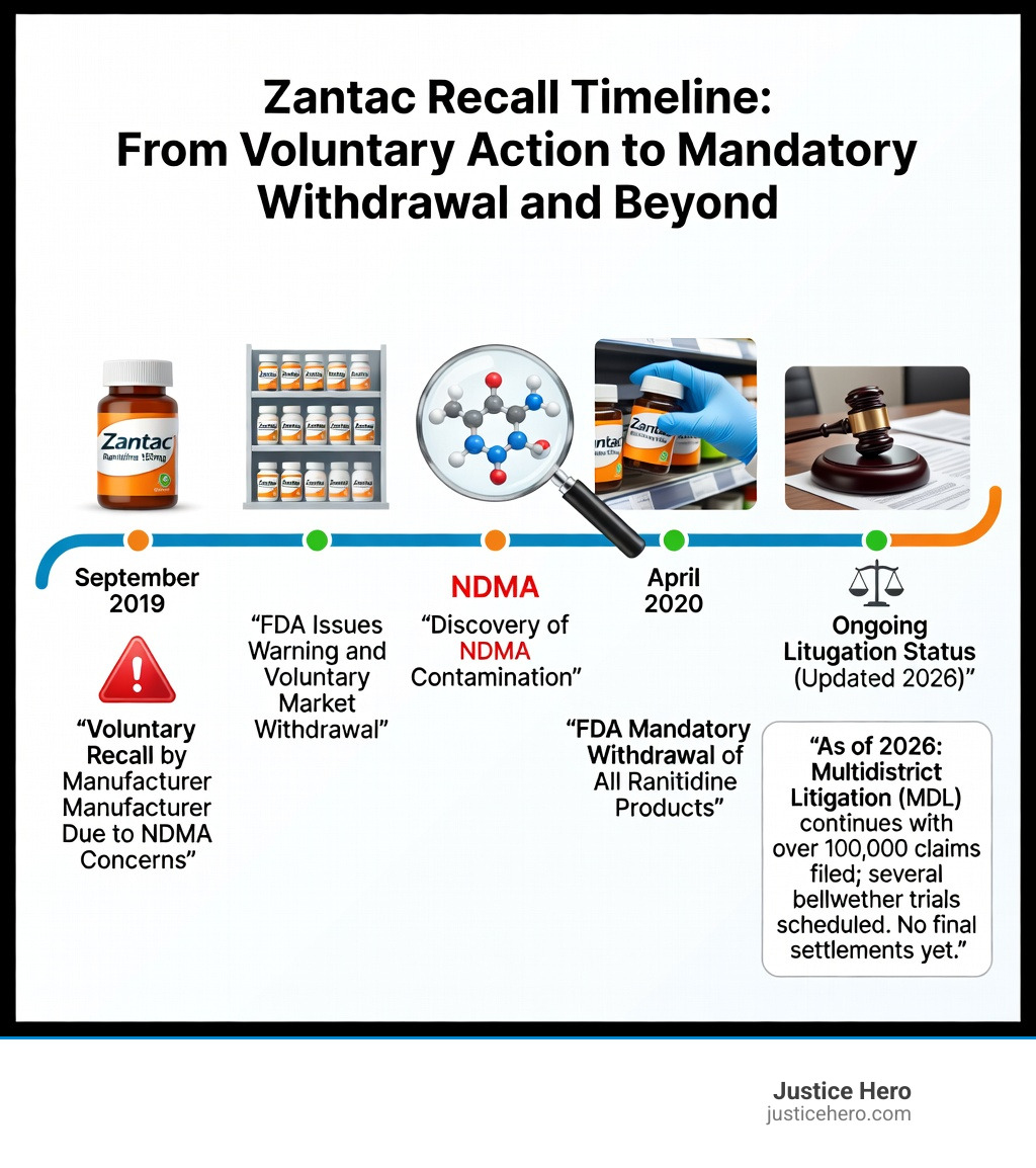 Infographic showing Zantac recall timeline from September 2019 voluntary recall through April 2020 FDA mandatory withdrawal, NDMA contamination discovery, and ongoing litigation status - Ranitidine cancer link infographic 