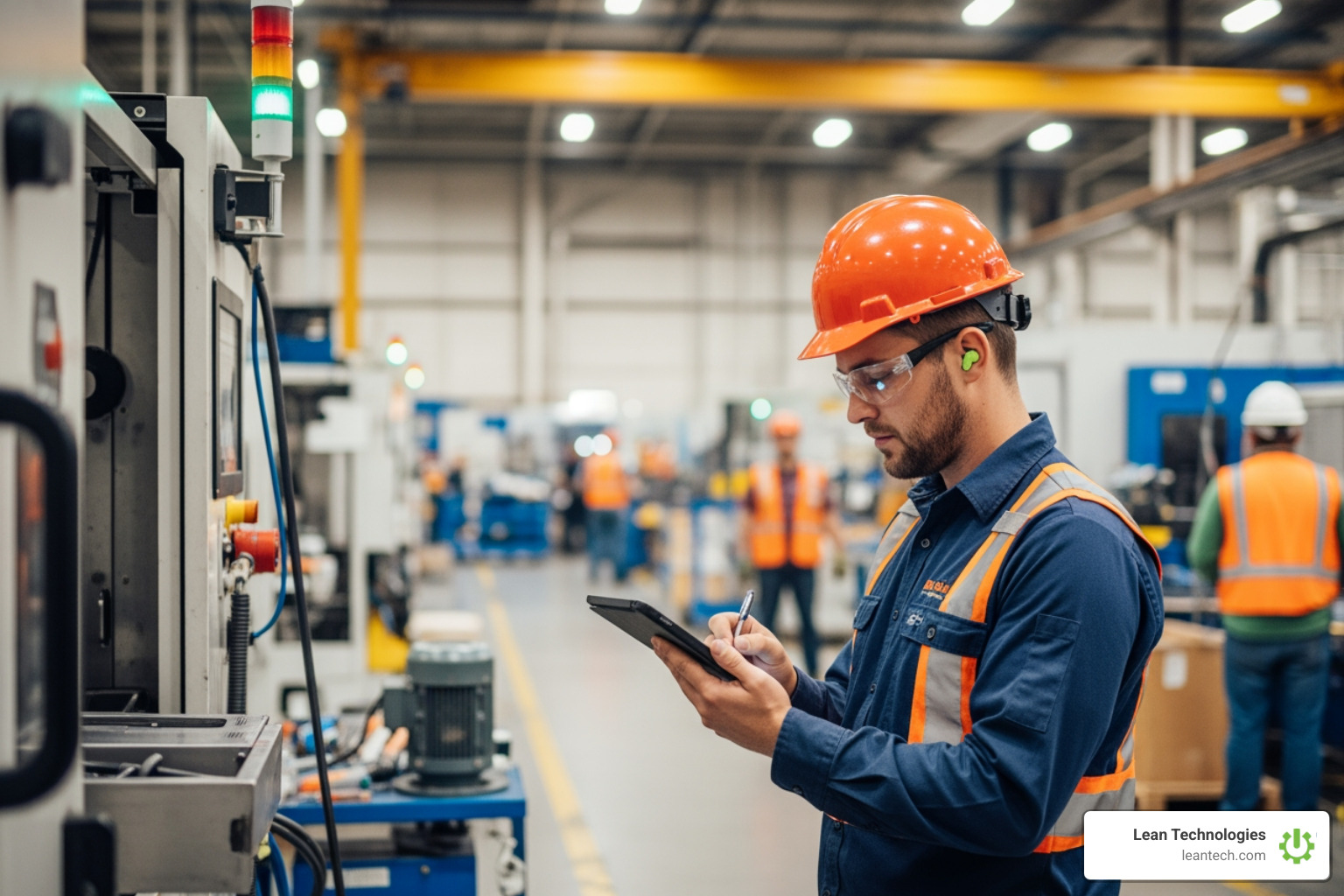 operator using a tablet to log a maintenance issue on a connected shop floor - connected shop floor
