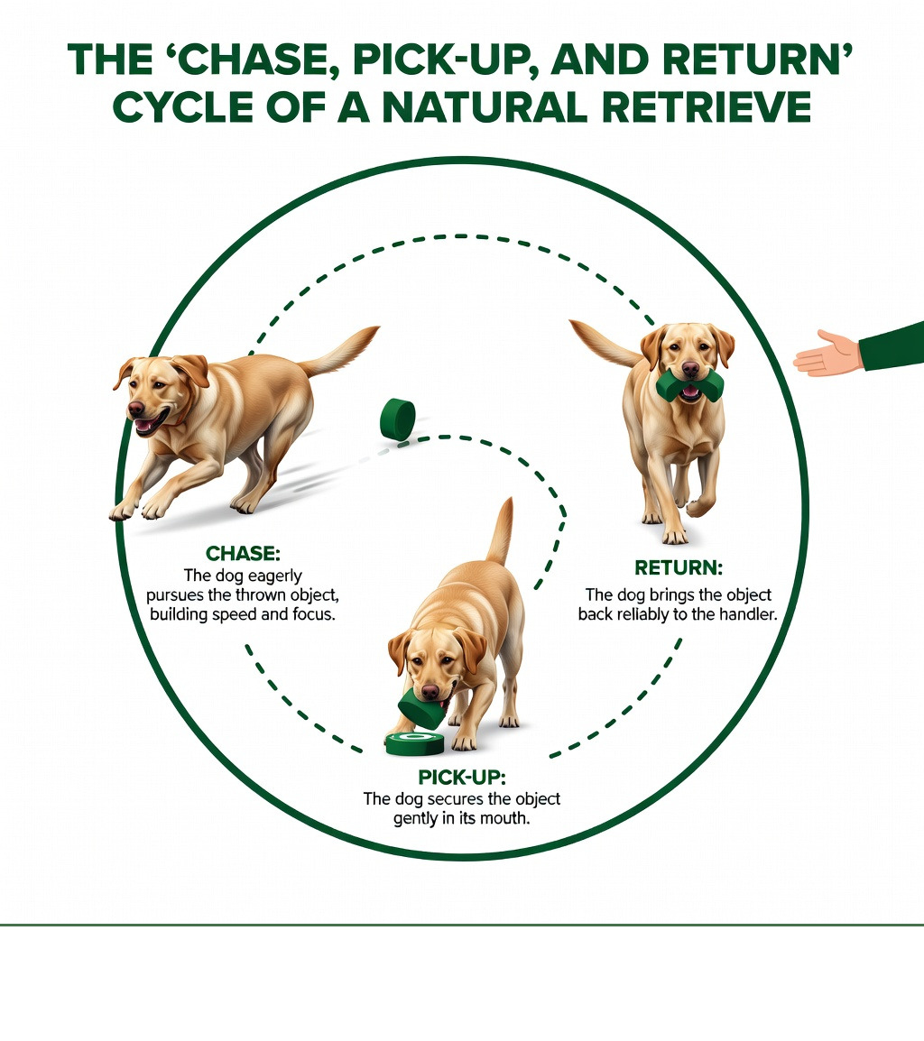 Infographic showing the "Chase, Pick-up, and Return" cycle of a natural retrieve, illustrating each step with simple icons and short descriptions - training a bird dog to retrieve infographic Infographic showing the "Chase, Pick-up, and Return" cycle of a natural retrieve, illustrating each step with simple icons and short descriptions - training a bird dog to retrieve infographic