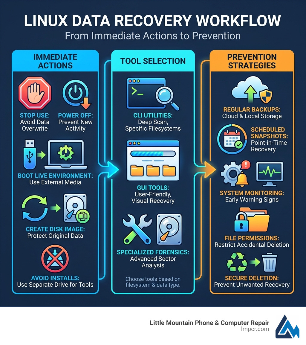 Infographic explaining the Linux data recovery workflow, from immediate actions to tool selection and prevention strategies. - linux file recovery infographic 