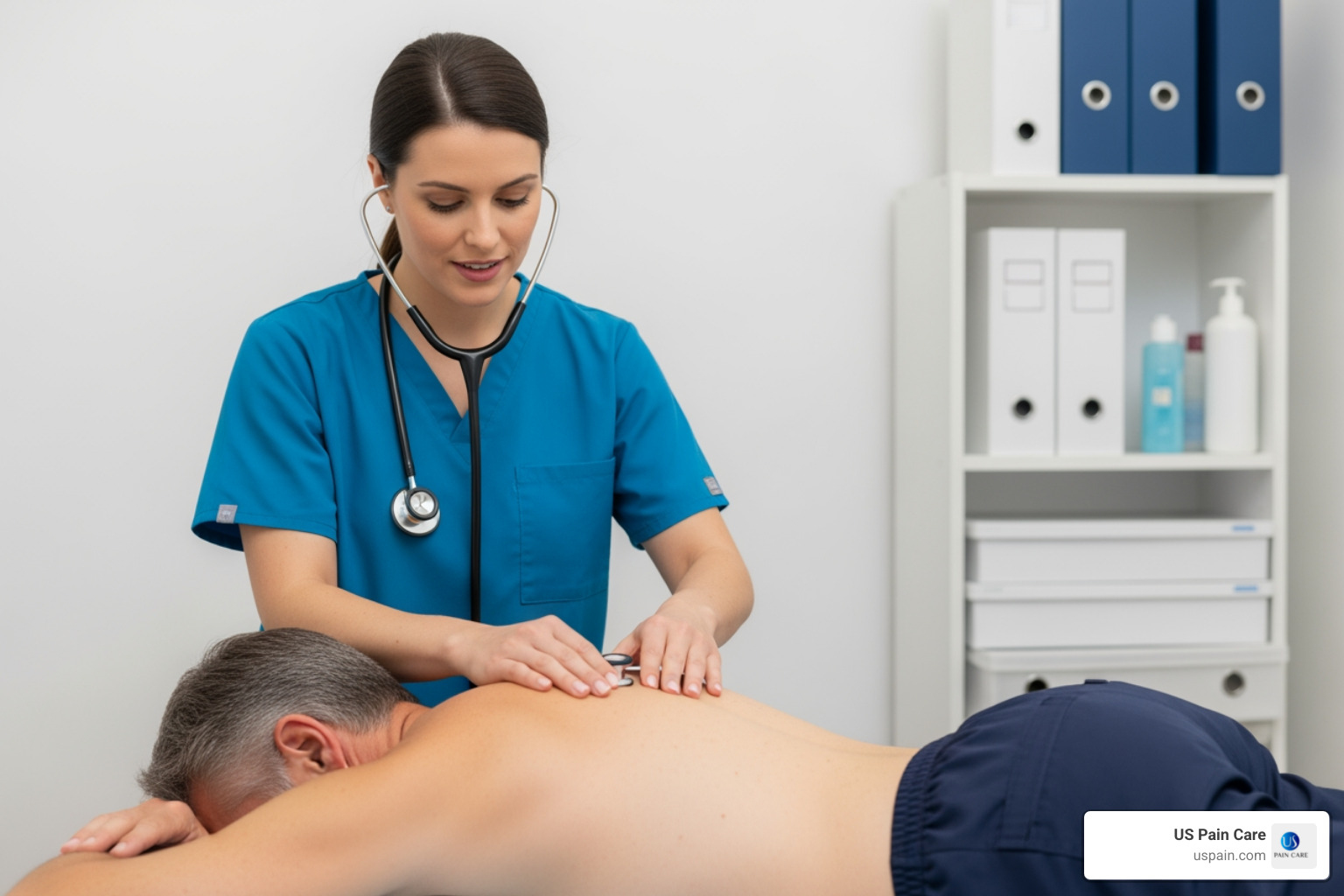 PMNP performing a physical assessment on a patient's back - pain management nurse practitioners
