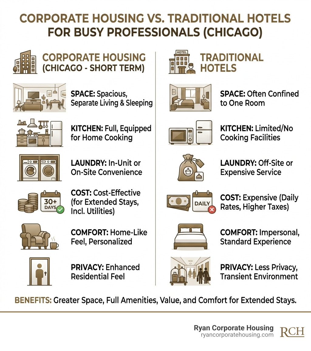 Infographic comparing corporate housing benefits for busy professionals - chicago corporate housing short term infographic 