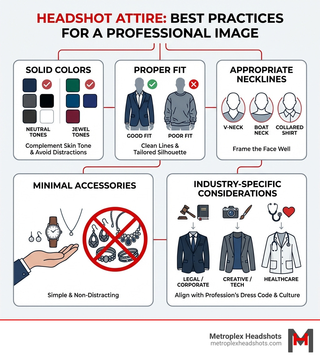 Infographic detailing best practices for headshot attire including solid colors, proper fit, appropriate necklines, minimal accessories, and industry-specific considerations - what is best to wear for headshots infographic Infographic detailing best practices for headshot attire including solid colors, proper fit, appropriate necklines, minimal accessories, and industry-specific considerations - what is best to wear for headshots infographic