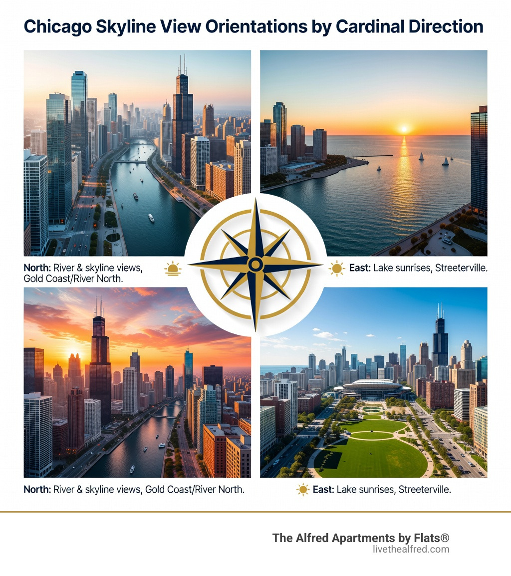 Infographic explaining Chicago view orientations and cardinal directions - skyline view apartments Chicago infographic 
