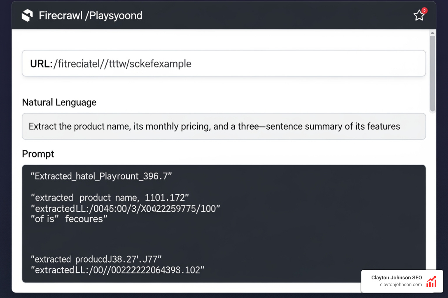 Firecrawl /extract playground interface showing a URL input and a natural language prompt resulting in structured JSON data - Firecrawl Firecrawl /extract playground interface showing a URL input and a natural language prompt resulting in structured JSON data - Firecrawl