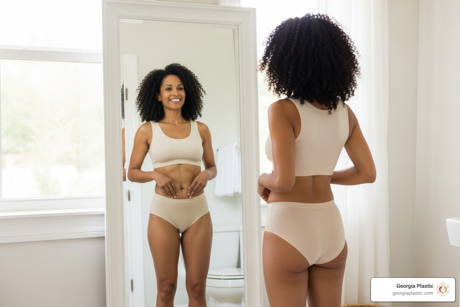 A patient looking in the mirror and smiling at their new silhouette after body contouring surgery - body contouring after weight loss atlanta A patient looking in the mirror and smiling at their new silhouette after body contouring surgery - body contouring after weight loss atlanta