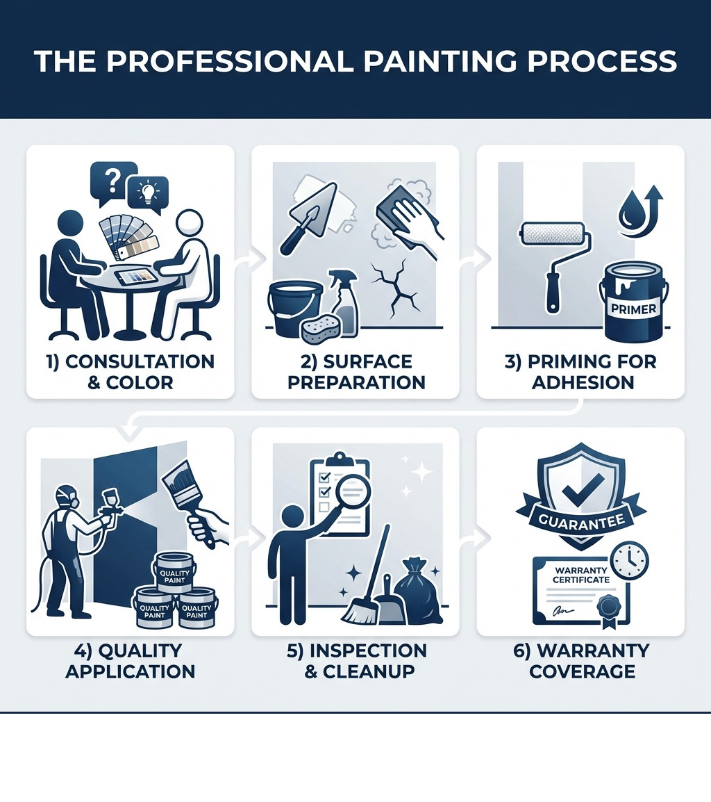 Infographic showing the professional painting process: 1) Initial consultation and color selection, 2) Surface preparation including cleaning and repairs, 3) Priming for adhesion, 4) Quality paint application with proper techniques, 5) Final inspection and cleanup, 6) Warranty coverage - painting companies in rhode island infographic 