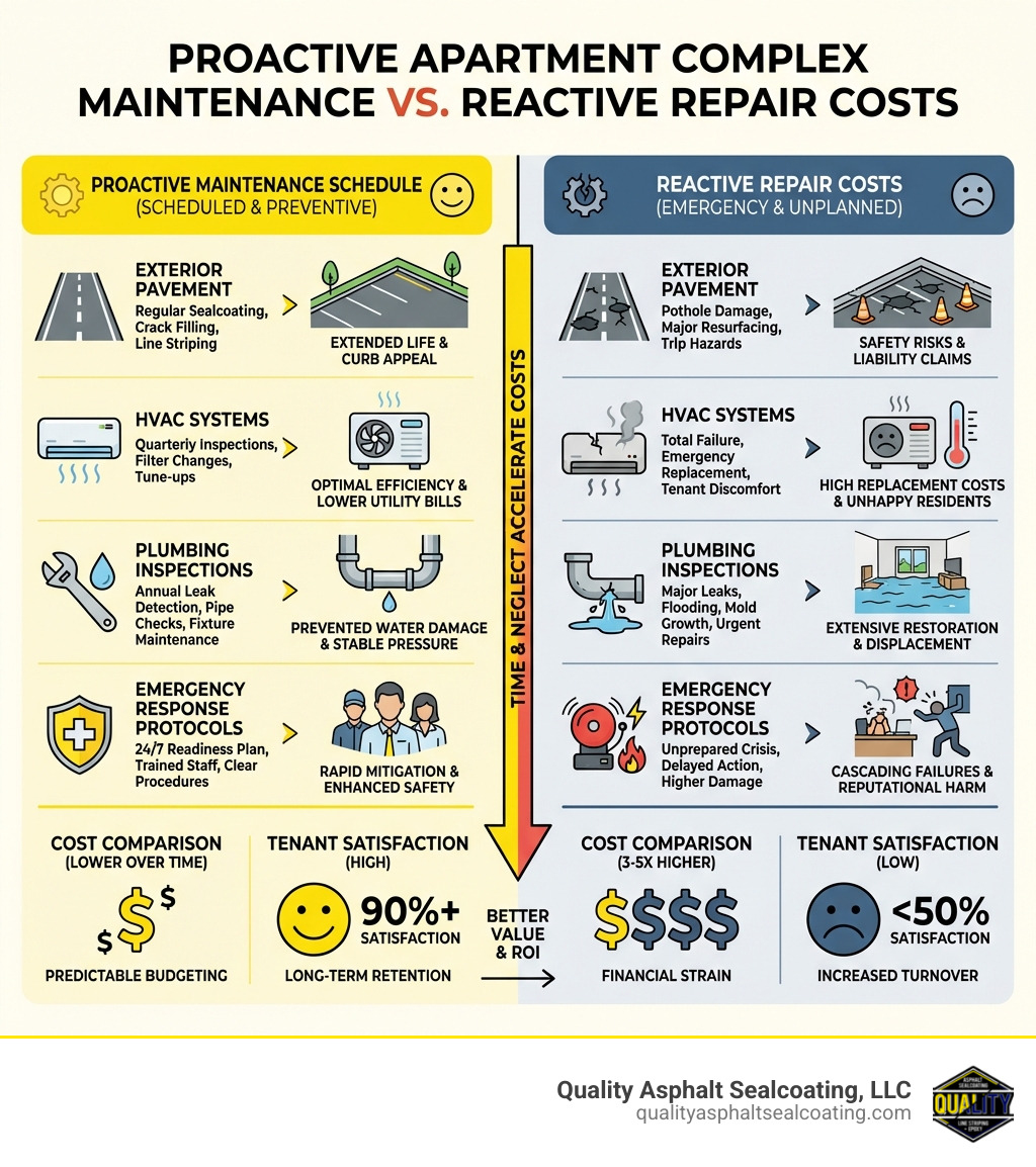 infographic showing proactive maintenance schedule versus reactive repair costs, including exterior pavement maintenance, HVAC systems, plumbing inspections, and emergency response protocols with cost comparisons and tenant satisfaction metrics - Apartment complex maintenance infographic