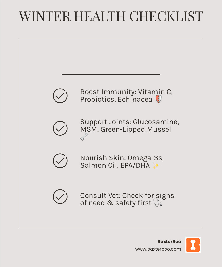 infographic showing winter health checklist for dogs with sections for immune support supplements, joint mobility supplements, skin and coat supplements, when to consult your vet, and signs your dog needs winter support - Winter health supplements for dogs infographic checklist-light-beige infographic showing winter health checklist for dogs with sections for immune support supplements, joint mobility supplements, skin and coat supplements, when to consult your vet, and signs your dog needs winter support - Winter health supplements for dogs infographic checklist-light-beige