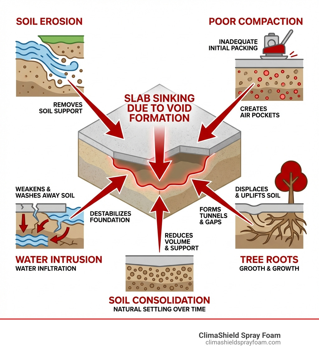 infographic showing causes of concrete sinking including soil erosion, poor compaction, water intrusion, tree roots, and soil consolidation, with arrows indicating how each factor leads to void formation beneath slabs - slab lifting infographic infographic showing causes of concrete sinking including soil erosion, poor compaction, water intrusion, tree roots, and soil consolidation, with arrows indicating how each factor leads to void formation beneath slabs - slab lifting infographic
