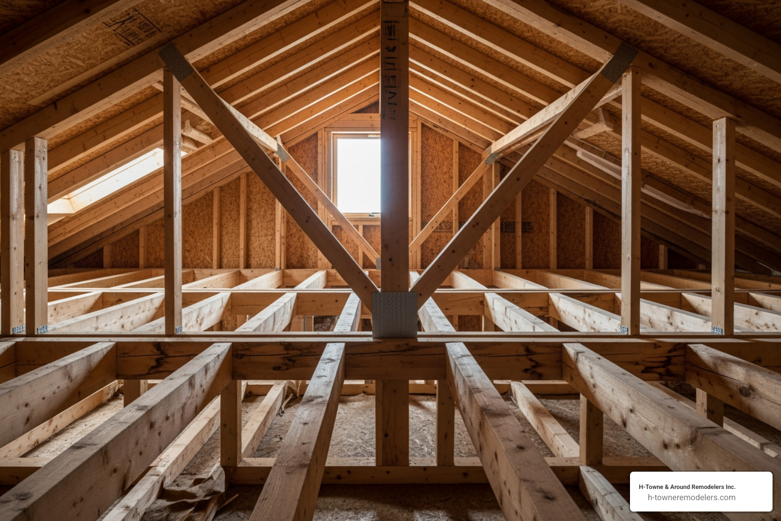 attic floor joists and rafters showing structural components - Attic conversion Houston TX attic floor joists and rafters showing structural components - Attic conversion Houston TX