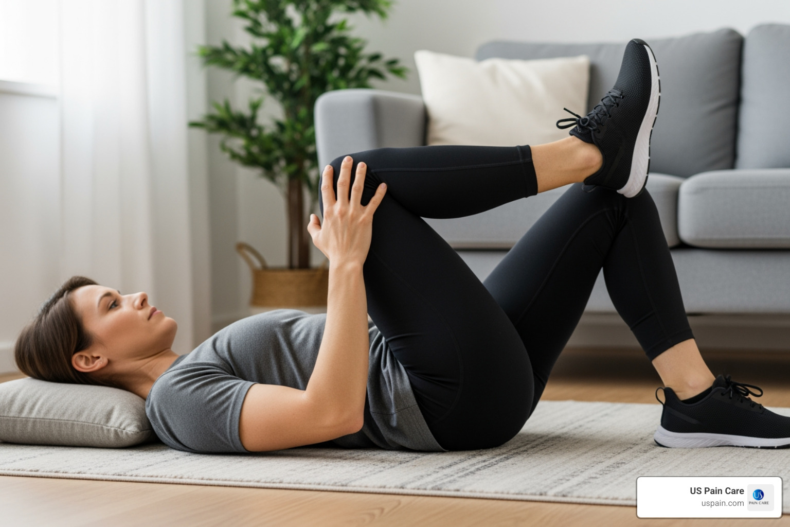 person performing a knee-to-chest stretch on a soft surface - pulled back muscle remedies