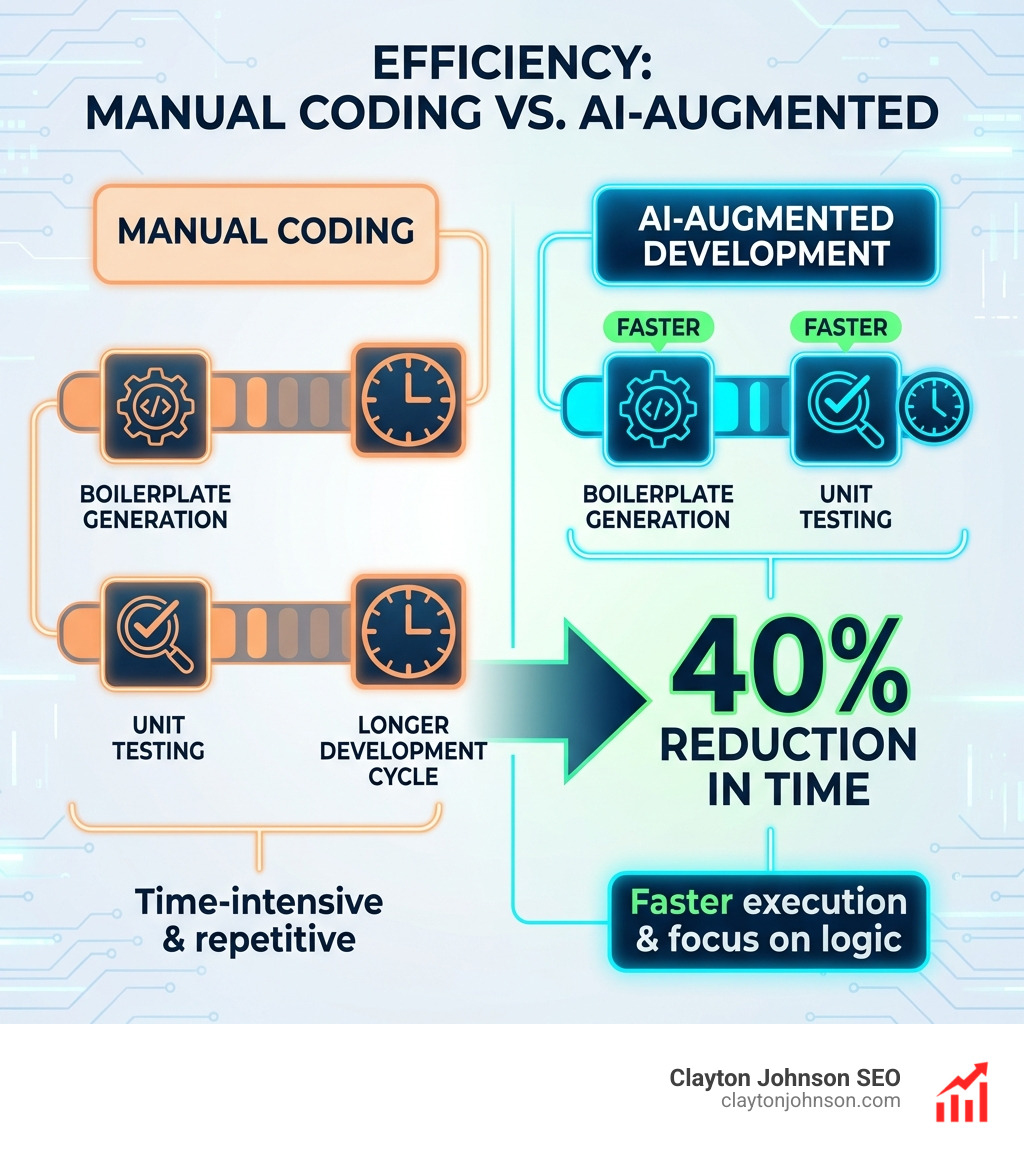 Infographic comparing the efficiency of manual coding vs. AI-augmented development for full-stack tasks, showing a 40% reduction in time for boilerplate generation and unit testing - Best Claude coding prompts infographic 
