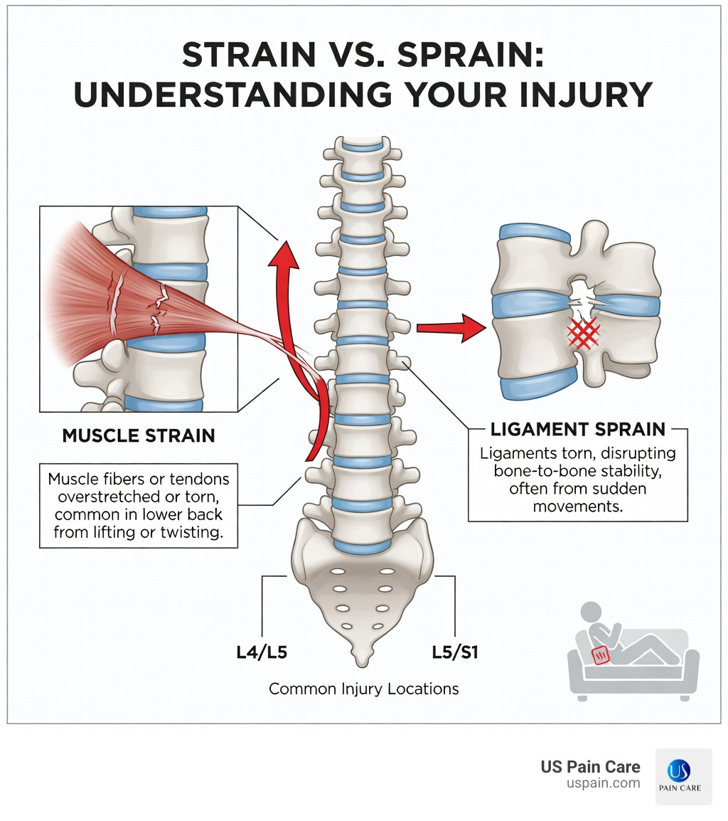 infographic showing the difference between a muscle strain affecting muscle fibers and tendons versus a ligament sprain affecting the connections between bones, with labeled anatomy of the lumbar spine and common injury locations - pulled back muscle remedies infographic 