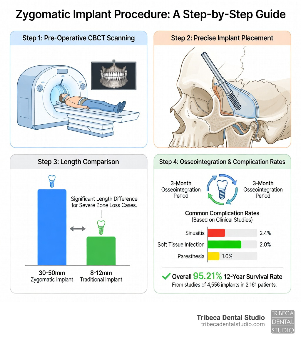 Infographic showing zygomatic implant procedure steps including pre-operative CBCT scanning, implant placement through the sinus into the zygomatic bone, length comparison of 30-50mm zygomatic implants versus 8-12mm traditional implants, 3-month osseointegration period, and common complication rates with sinusitis at 2.4%, soft tissue infection at 2.0%, paresthesia at 1.0%, and overall 95.21% 12-year survival rate - zygomatic dental implants complications infographic 