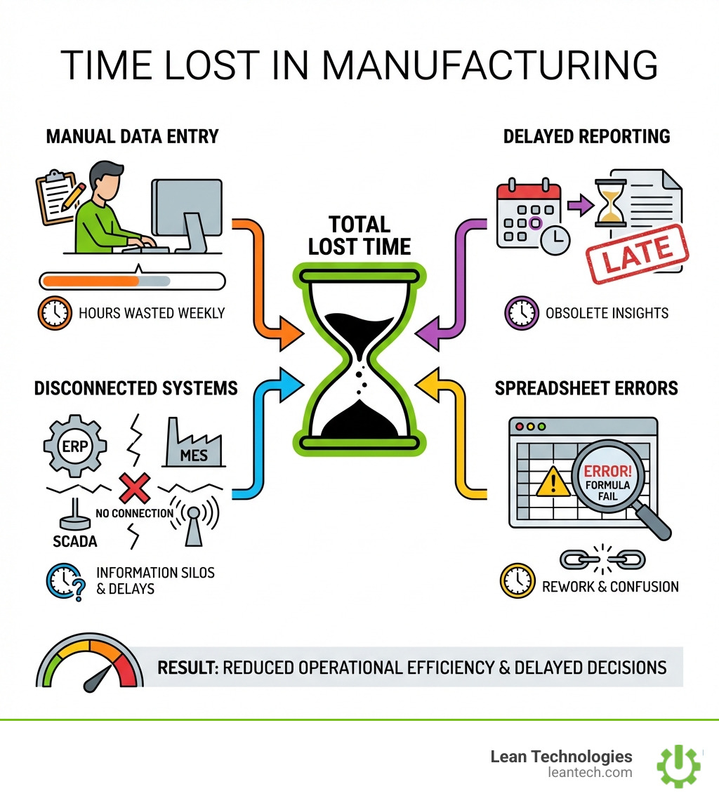 infographic showing time lost to manual data entry, disconnected systems, delayed reporting, and spreadsheet errors - manufacturing analytics platform infographic infographic showing time lost to manual data entry, disconnected systems, delayed reporting, and spreadsheet errors - manufacturing analytics platform infographic