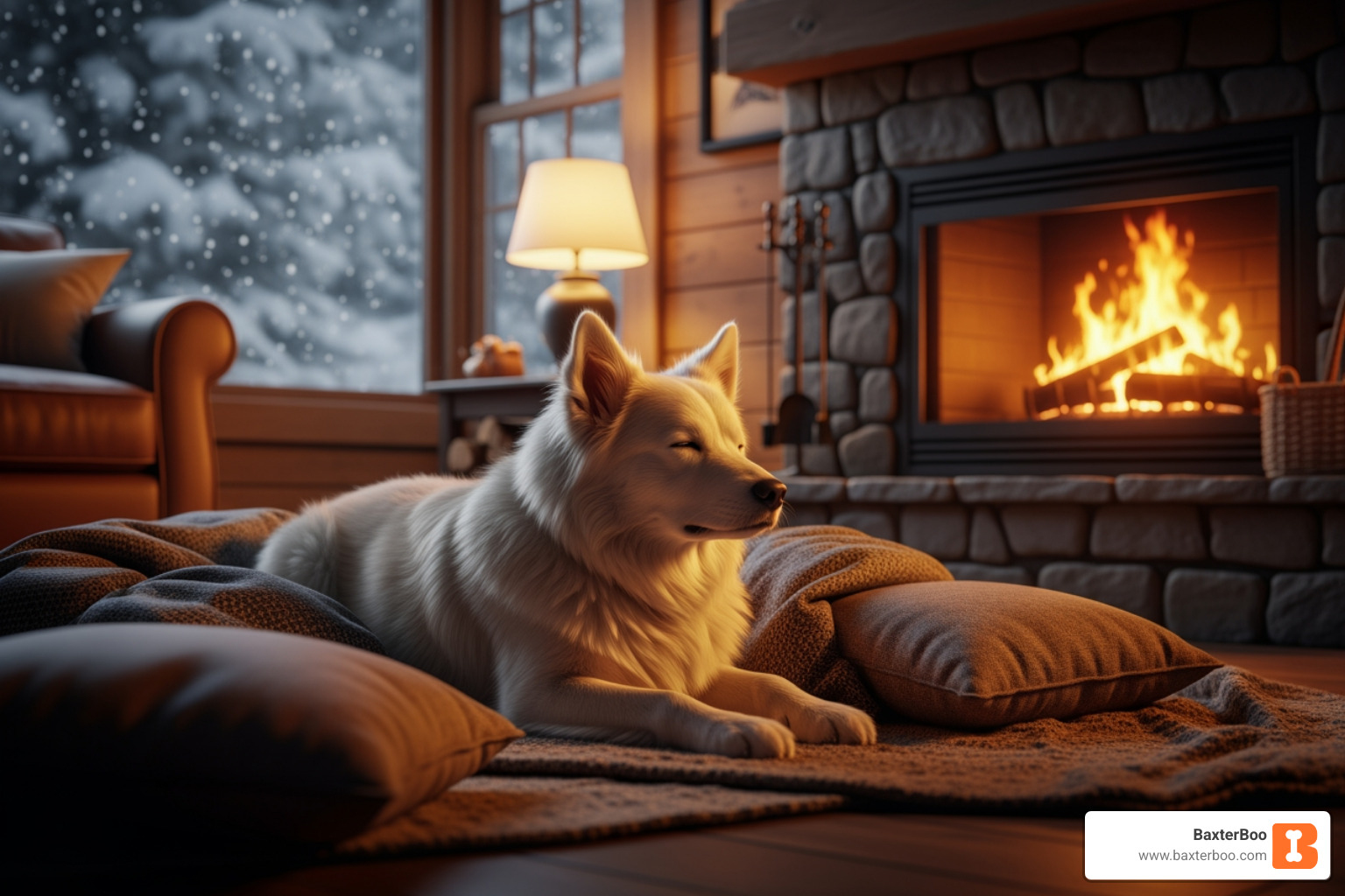 dog resting by a fireplace - Winter health supplements for dogs dog resting by a fireplace - Winter health supplements for dogs