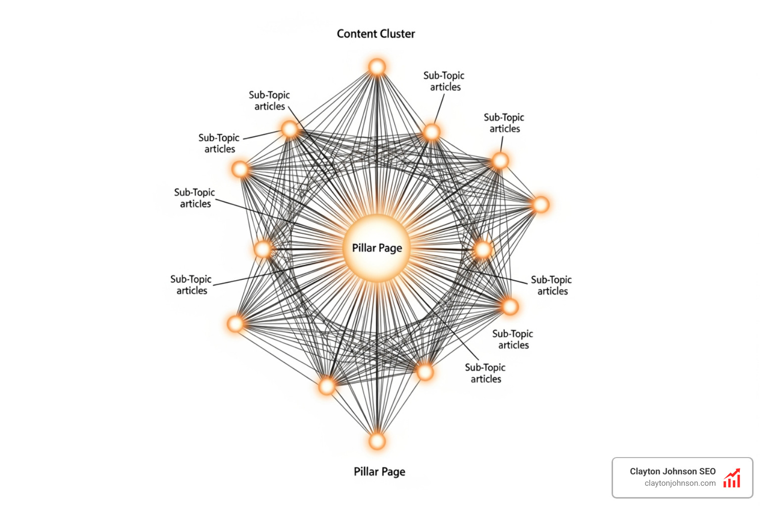 image of a content cluster showing a central pillar page connected to multiple supporting sub-topic articles via internal links - Optimize Claude for SEO
