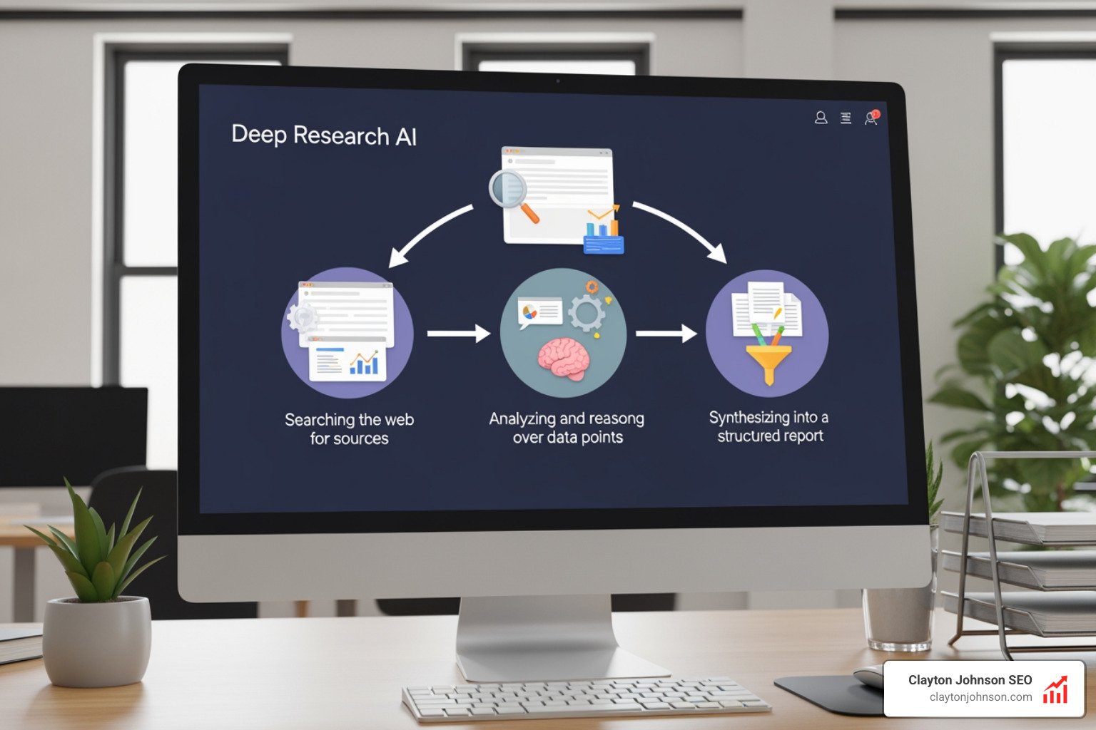 Deep Research workflow showing the iterative process of searching, reasoning, and synthesizing a final report - Perplexity AI interactive tools