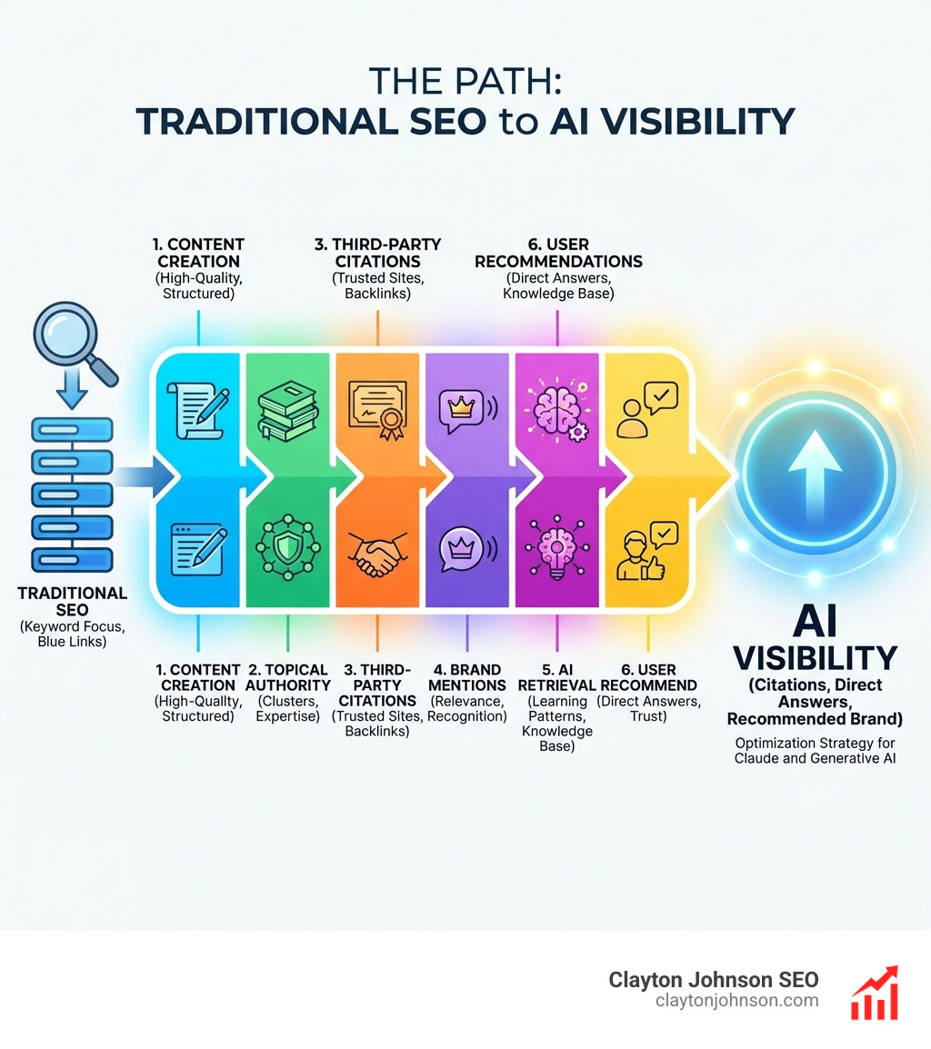 detailed infographic showing the path from traditional SEO to AI visibility: content creation, topical authority, third-party citations, brand mentions, AI retrieval, and user recommendations - Optimize Claude for SEO infographic 