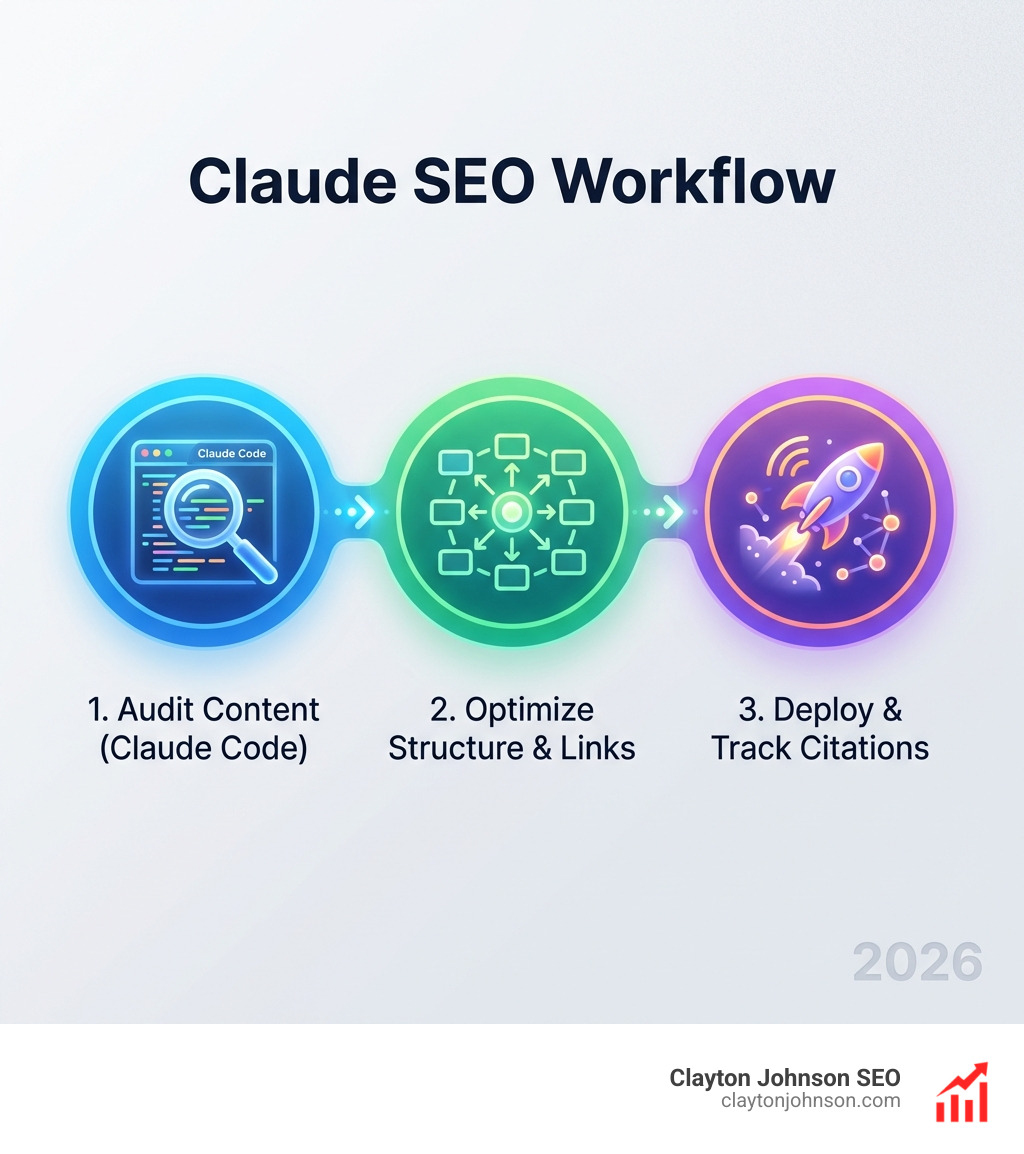infographic showing the 3-step Claude SEO workflow: 1. Audit content with Claude Code, 2. Optimize structure and links, 3. Deploy and track citations - Optimize Claude for SEO infographic 