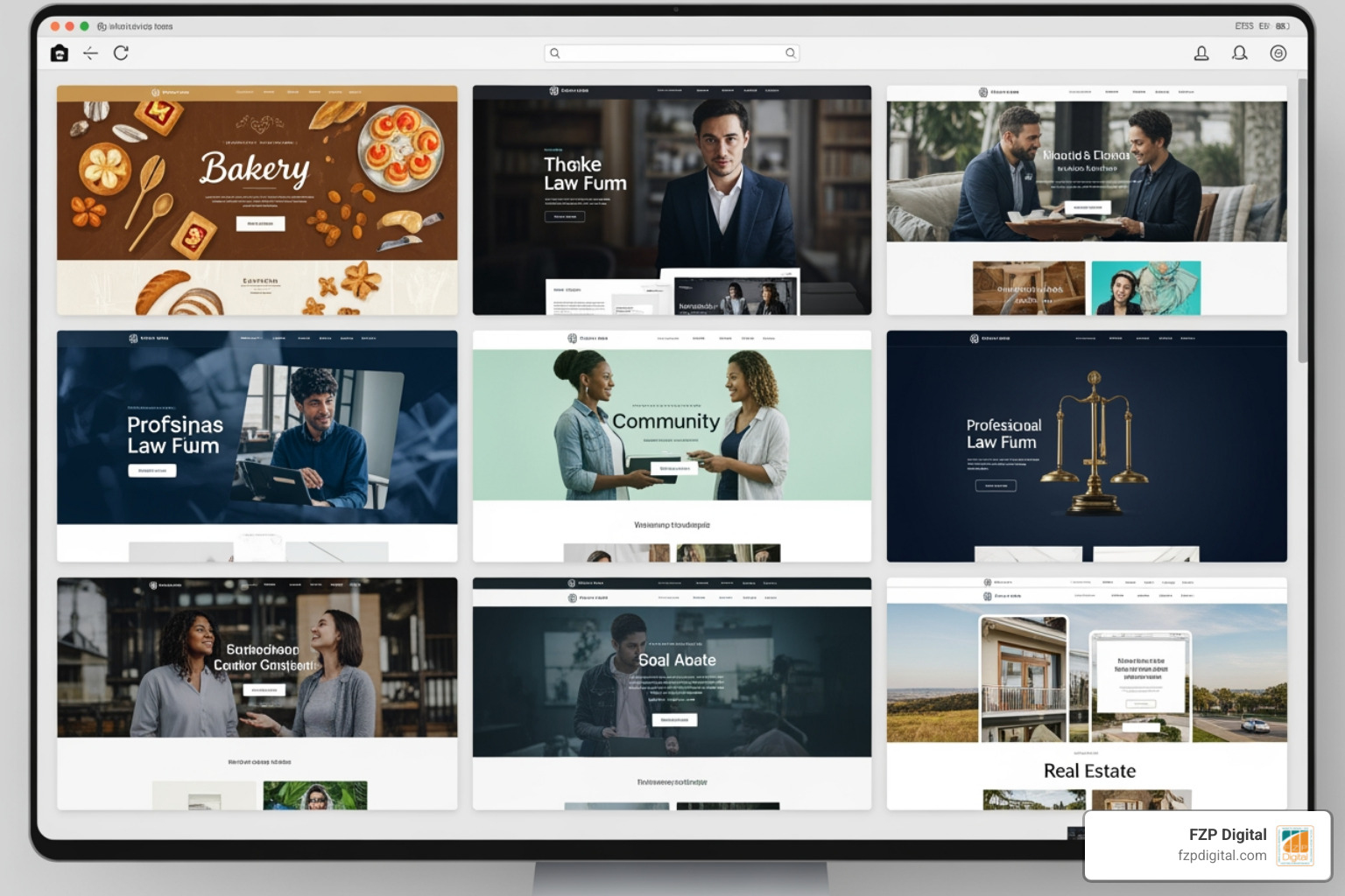 A diverse library of website designs showing different styles and industries - elementor pre built websites A diverse library of website designs showing different styles and industries - elementor pre built websites