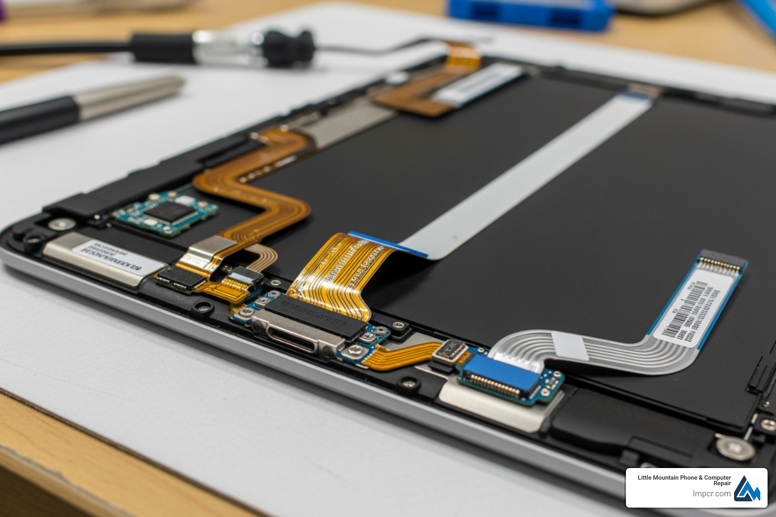 A disassembled iPad showing the complex internal ribbon cables and adhesive - iPad charging port repair
