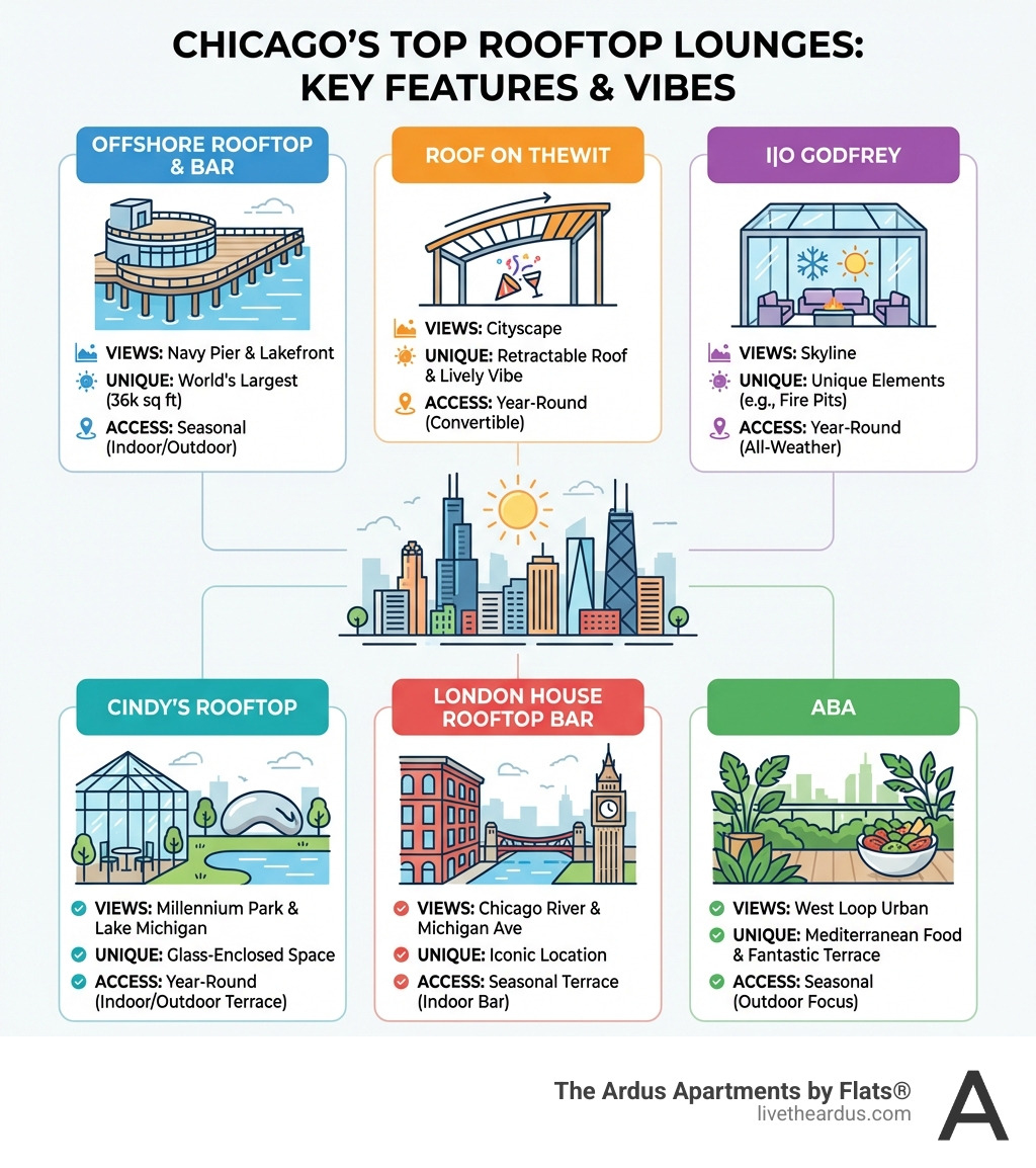 Infographic summarizing key features of Chicago's top rooftop lounges including views, year-round access, and unique amenities - Rooftop lounge Chicago infographic Infographic summarizing key features of Chicago's top rooftop lounges including views, year-round access, and unique amenities - Rooftop lounge Chicago infographic