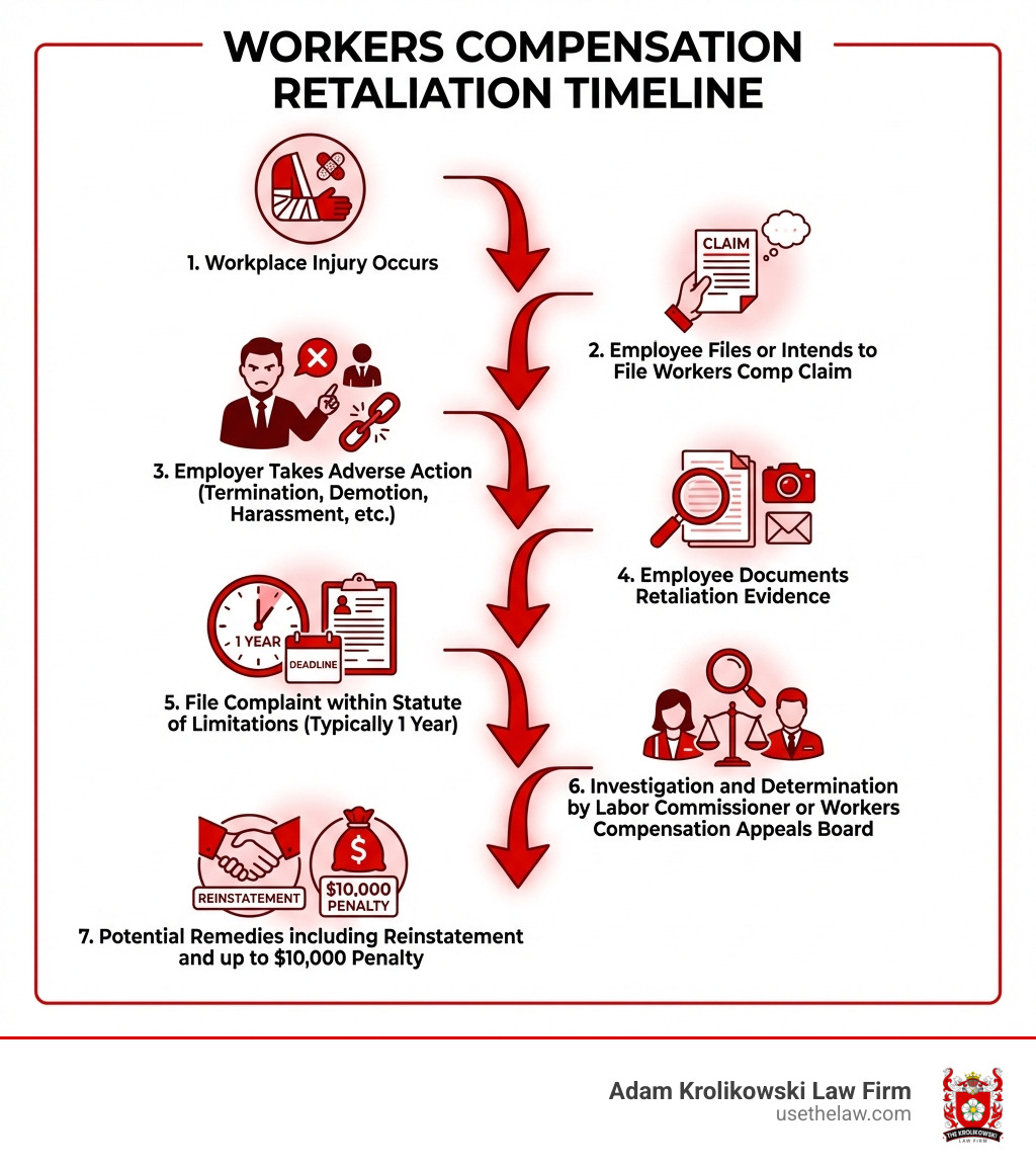 Infographic showing the workers compensation retaliation timeline: 1) Workplace injury occurs, 2) Employee files or intends to file workers comp claim, 3) Employer takes adverse action (termination, demotion, harassment, etc.), 4) Employee documents retaliation evidence, 5) File complaint within statute of limitations (typically 1 year), 6) Investigation and determination by Labor Commissioner or Workers Compensation Appeals Board, 7) Potential remedies including reinstatement and up to $10,000 penalty - workers compensation retaliation lawyer infographic 