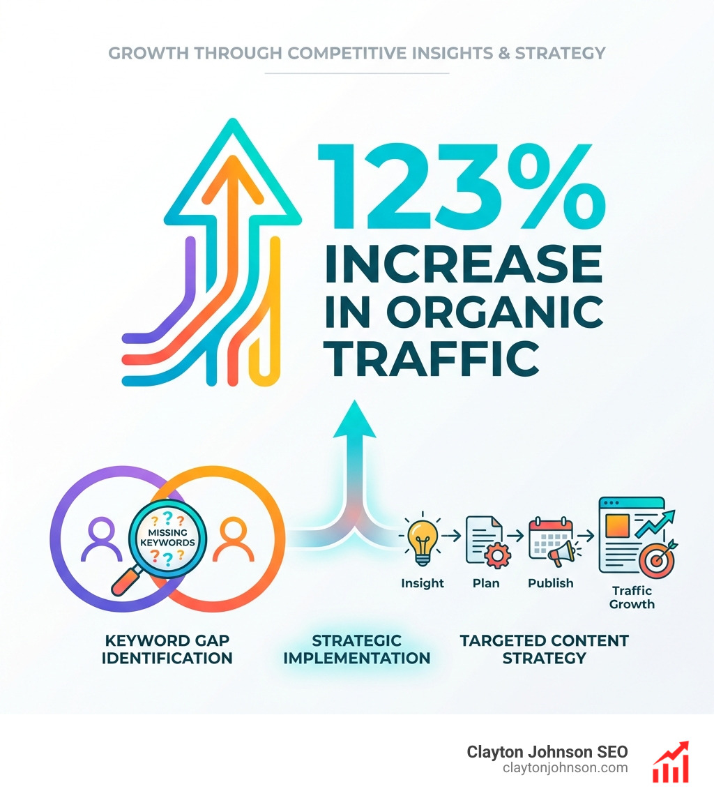 infographic showing 123% increase in organic traffic through content strategy and keyword gap identification - Competitive SEO analysis tool infographic 
