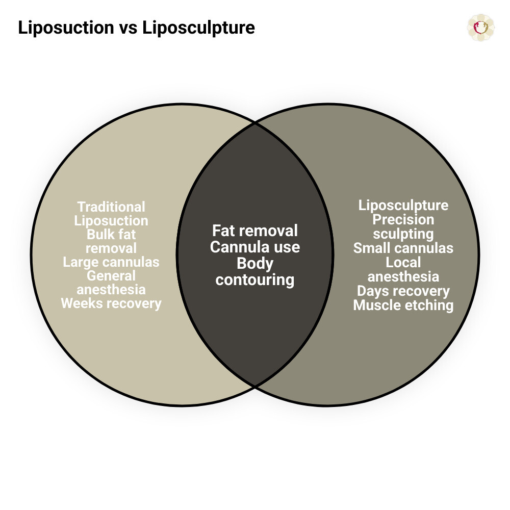 Infographic comparing traditional liposuction fat removal process versus liposculpture artistic body contouring technique, showing cannula size differences, fat redistribution methods, anesthesia types, recovery timelines, and ideal candidate profiles for each procedure - liposculpture liposuction infographic venn_diagram Infographic comparing traditional liposuction fat removal process versus liposculpture artistic body contouring technique, showing cannula size differences, fat redistribution methods, anesthesia types, recovery timelines, and ideal candidate profiles for each procedure - liposculpture liposuction infographic venn_diagram