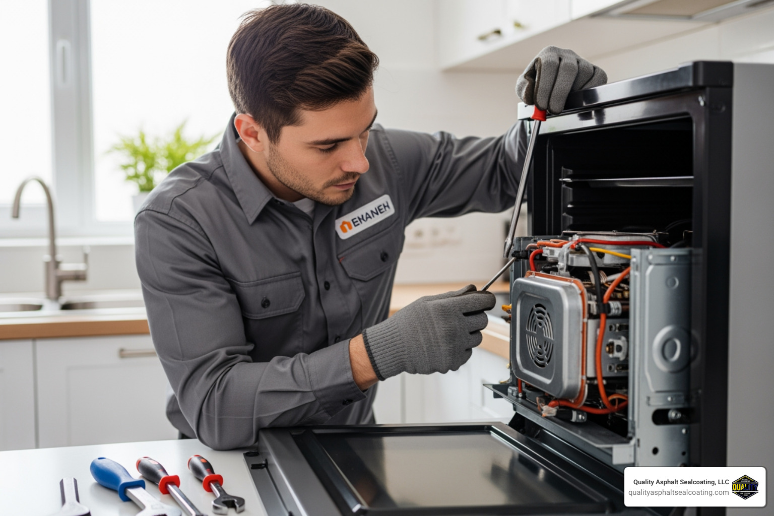 maintenance technician repairing a kitchen appliance - Apartment complex maintenance
