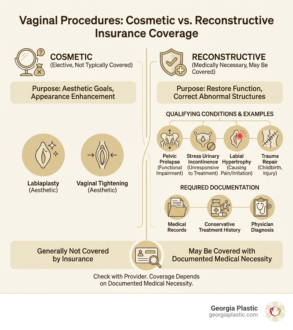 Infographic showing the key differences between cosmetic vaginal procedures (not typically covered by insurance) and reconstructive vaginal procedures (may be covered when medically necessary), including examples of qualifying conditions like pelvic prolapse, stress urinary incontinence, labial hypertrophy causing pain, and trauma repair, alongside required documentation such as medical records, conservative treatment history, and physician diagnosis - is vaginal rejuvenation covered by insurance infographic Infographic showing the key differences between cosmetic vaginal procedures (not typically covered by insurance) and reconstructive vaginal procedures (may be covered when medically necessary), including examples of qualifying conditions like pelvic prolapse, stress urinary incontinence, labial hypertrophy causing pain, and trauma repair, alongside required documentation such as medical records, conservative treatment history, and physician diagnosis - is vaginal rejuvenation covered by insurance infographic