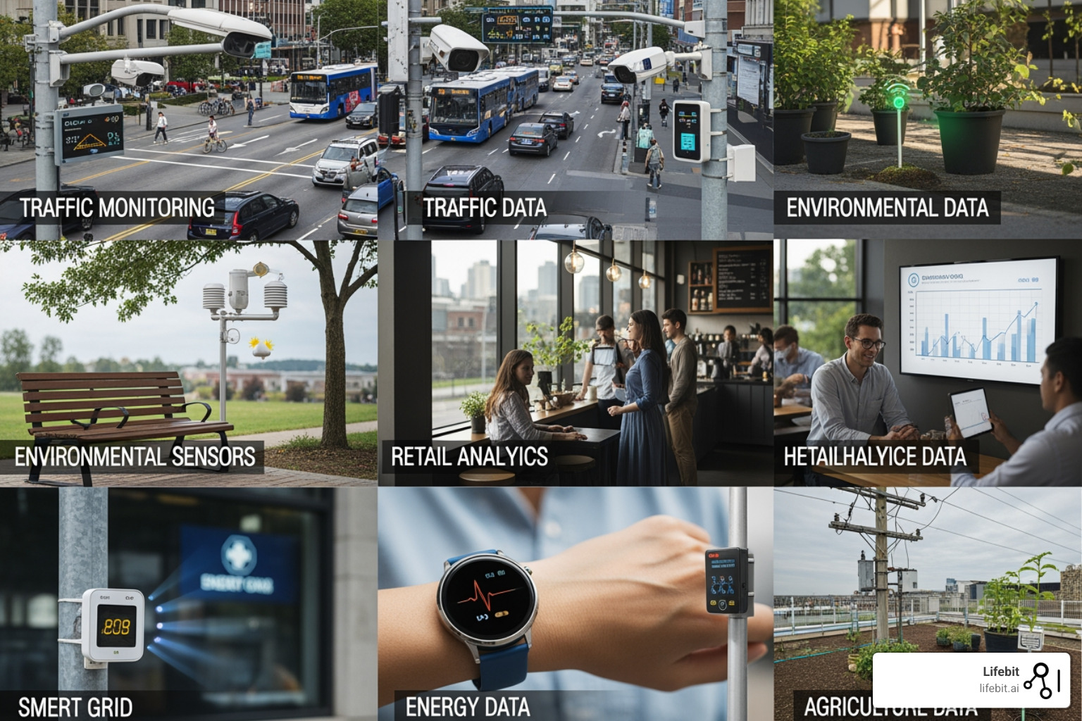 Icons representing the 10 real-world data sources: EHR, Claims, Registries, Wearables, Imaging, IVD, Genomics, PCTs, Pharmacy, and Environmental data - real-world data examples