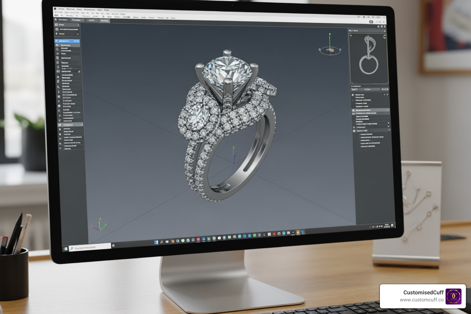 A 3D CAD jewelry model showing a complex ring setting with intricate side stones and a pavé band - new york custom engagement rings