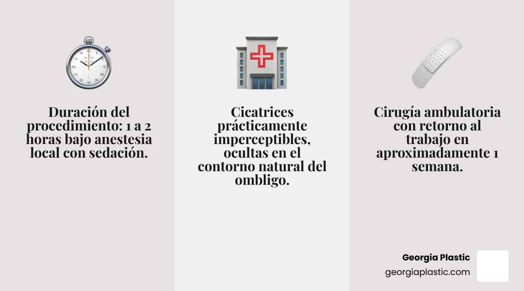 infographic mostrando antes y después de umbilicoplastia, tipos de ombligo candidatos (outie, cicatrices, post-embarazo), duración del procedimiento, tiempo de recuperación, y beneficios principales (estética mejorada, cicatrices ocultas, recuperación rápida) - umbilicoplastia infographic 3_facts_emoji_grey